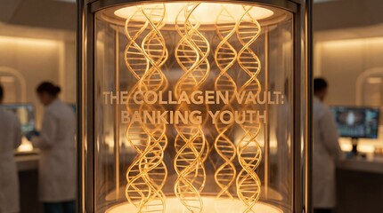 A futuristic laboratory setting displays a stunning illuminated DNA strand inside a transparent vault, hinting at advanced scientific discovery and breakthroughs in bioengineering. 