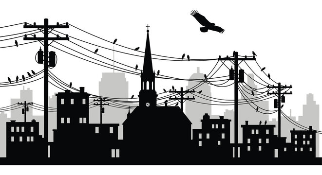 a stark urban landscape featuring electric lines a church steeple buildings and birds in flight presented as a dark silhouette