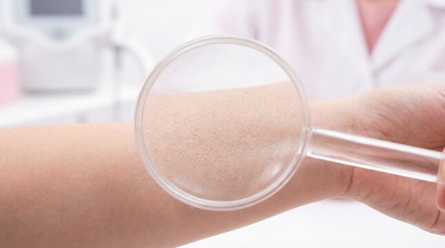 A medical professional examines a patient's skin using a magnifying glass, focusing on the epidermis.