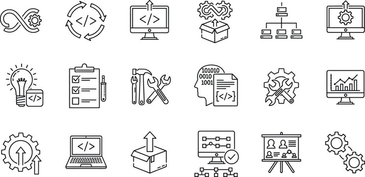 Software development and IT workflow icon set with coding, automation, system architecture and project management symbols in outline vector style