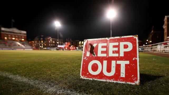 A weathered red Keep Out sign sits on a brightly lit sports field at night the stadium lights illuminate the field and grandstands