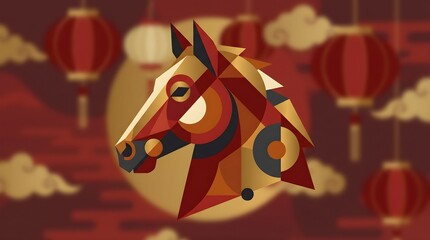 Colorful horse symbol with lanterns and clouds for celebrations in a festive setting with a bright moon Generative AI