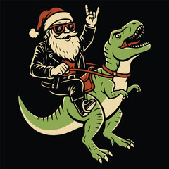 Biker Santa Riding Tyrannosaurus Rex Rodeo Christmas Illustration