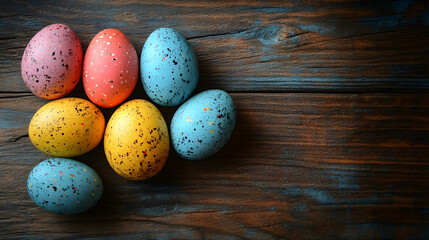 Colorful eggs arranged on wooden surface during spring holiday celebration