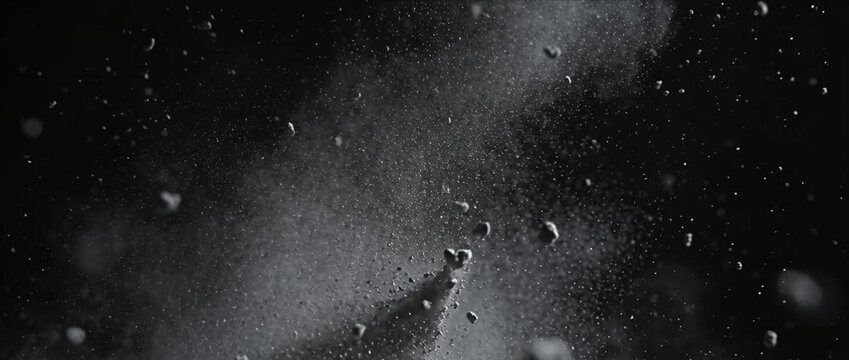 Smoke snow dust particle explosion debris on black background, abstract scene with drifting powder, swirling grit and flying fragments after blast, dramatic motion texture in dark studio air