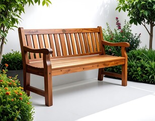 Fototapeta premium Wooden park bench in a garden setting, surrounded by plants
