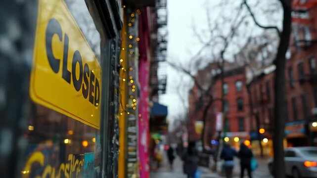 A yellow closed sign hangs on a shop window storefront on a dreary urban street The window displays merchandise Pedestrians walk by in the rain