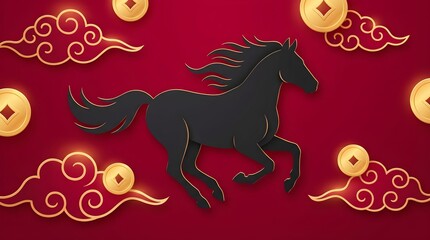Black horse running among golden coins and red clouds during a festive celebration in a traditional setting Generative AI