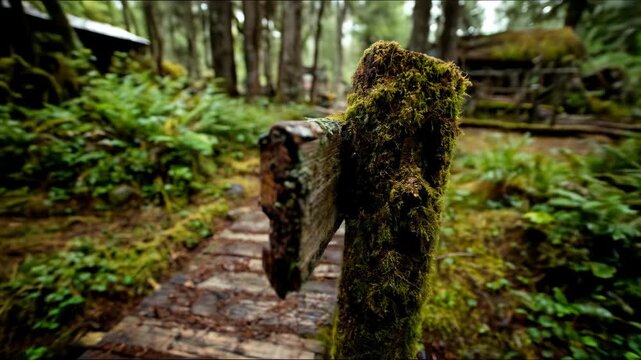 A moss covered wooden path winds through a lush green temperate rainforest Towering trees create a verdant canopy overhead Sunlight filters through the dense foliage