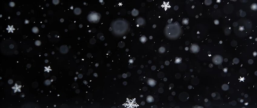 Snow snowflake winter night background bokeh cold smoke drifting through dark sky with falling snowfall flakes, soft light flare and haze, calm seasonal atmosphere for holiday design copy space