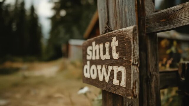 A weathered wooden sign reading shut down hangs on a post in front of a rustic cabin surrounded by nature The scene evokes a sense of quiet retreat