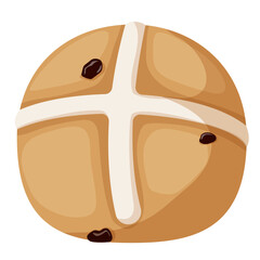Obraz premium Isometric illustration of a traditional hot cross bun with raisins and icing cross. Easter food icon in a slight top-down perspective on white
