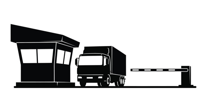 a stark black and white depiction showcases a security checkpoint with a large truck passing through presented as a silhouette