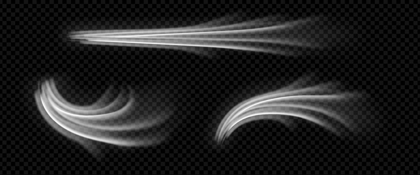 Cool wind flow set with air breeze effect and fresh stream on black background. White wave motion bundle with clean texture and different abstract trail curve. Isolated swirl png for conditioner