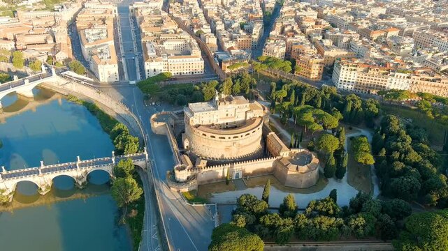Rome, Italy. Tiber River. Castel Sant Angelo. Morning hours. Drone footage, Point of interest
