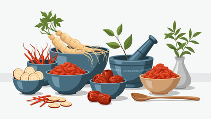 Traditional Herbal Medicine Ingredients in Bowls and Mortar - Vector Illustration