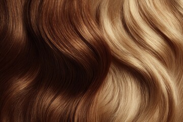Fototapeta premium Close up of luxury shiny wavy hair in shades of brown and blonde reflecting light