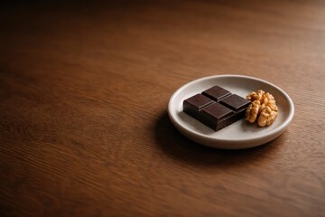 Dark Chocolate And Walnut On Small Saucer.
Single chocolate square and walnut on tiny ceramic plate with warm wood background and copy space, expressing slow living dessert ritual.