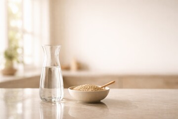 Water Carafe And Grains On Reflective Stone Table.
Glass carafe and grain bowl on polished stone with soft reflections and large blurred copy space, creating calm minimalist food wellness scene.