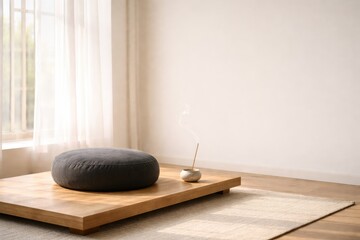 Minimalist Meditation Corner With Floor Cushion And Soft Daylight.
Serene home wellness space with dark cushion on wooden platform, gentle window light and empty wall copy space for calm interior.