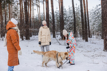 Two teenagers playing with golden retriever dog in snowy pine forest, winter outdoor walk with adult woman, family leisure and cold weather nature scene