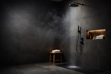 Cold Shower In Minimal Dark Bathroom Interior.
Person under rain shower in dark minimalist bathroom with steam and copy space, expressing contrast therapy and modern recovery wellness lifestyle.