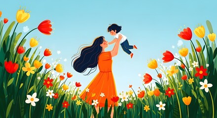 Happy mother's day mom and child playing in a colorful flower field