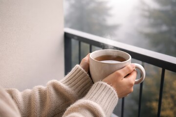 Hot Tea Mug In Hands On Cold Balcony.
Person holding warm tea on minimalist balcony with copy space, expressing contrast of heat and cold in calming wellness recovery ritual.