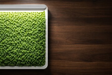 Hydroponic Basil Under Led Light In Minimal Kitchen.
Green basil growing in modern hydroponic system against dark wood wall with copy space, presenting smart kitchen gardening and wellness lifestyle.
