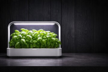 Microgreens Smart Garden On Dark Wooden Countertop.
Top view of indoor microgreens garden beside empty walnut surface with copy space, showing clean food technology and minimalist wellness design.