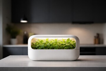 Capsule Smart Planter With Mint In Dark Kitchen.
White ceramic planter with glowing mint leaves in moody interior and large copy space, representing futuristic home gardening and wellness technology.