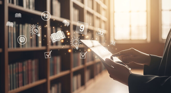 Online education and learning icons floating above tablet in library