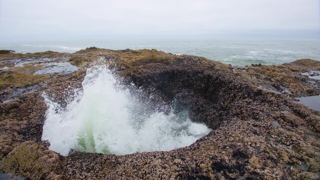 Footage of Thor's Well, a bowl-shaped hole carved into the basalt shoreline near the Cape Perpetua Scenic Area on the rocky coast of Oregon.