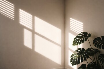 Geometric Window Shadows On Minimal White Wall. Abstract composition of dramatic sunlight and plant shadows creating graphic patterns on a white interior wall with strong architectural rhythm.