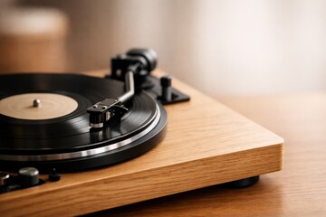 Modern Turntable Playing Vinyl Record Close Up. Warm detailed view of a wooden record player with spinning vinyl expressing tactile pleasure, slow living and appreciation of analog sound culture.