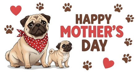 Happy mother's day wishes with adorable pug dogs and hearts