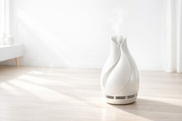 Modern White Aroma Diffuser In Sunlit Room.
Minimal humidifier releasing soft steam in bright interior, creating clean air, calm mood and everyday wellness atmosphere.