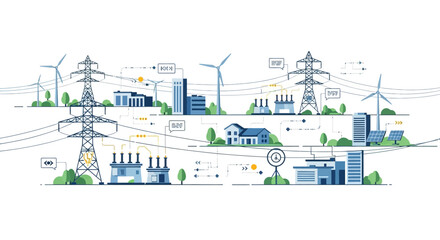 An industrial landscape illustration depicting various engineering and mining structures, including power transmission towers, factories, and wind turbines, with a team of people working in © Asap