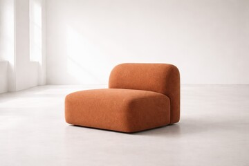 Minimal Sculptural Lounge Chair In Bright Calm Interior.
Soft modern armchair placed in an empty sunlit room, expressing comfort, slow living and minimalist wellness atmosphere with natural light.