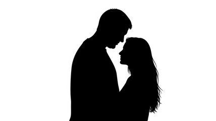 Silhouette of a loving couple embracing against a white background.