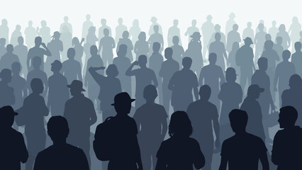 Naklejka premium Large Crowd Silhouettes Mysterious Fog Group People.