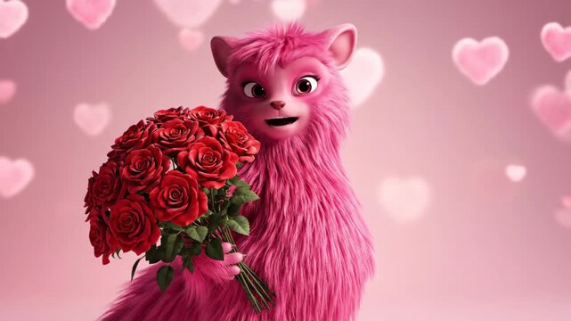Cute pink fluffy creature gives a bouquet of red roses, valentines day love and romantic concept with bokeh hearts.