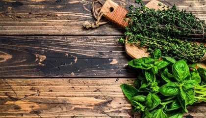 Fresh basil and thyme herbs on a rustic wooden background with a cutting board.