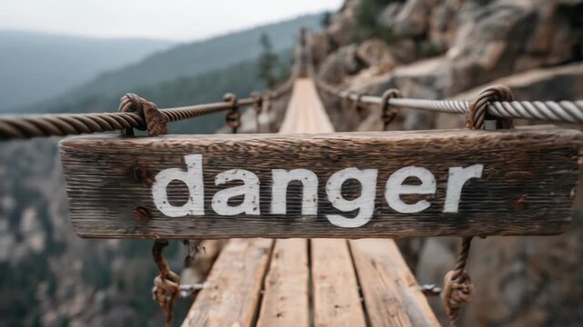 A perilous rope bridge crosses a deep chasm A sign warns of danger The dramatic landscape evokes a sense of fear and adventure