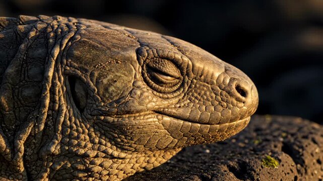 Close up of a large lizard with textured skin and alert eyes basks in warm sunlight showcasing its ancient reptilian features