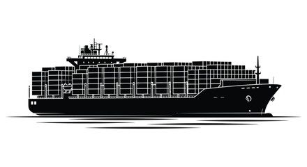 Obraz premium a detailed black and white depiction of a large cargo ship on water highlighting its container stacks and form silhouette