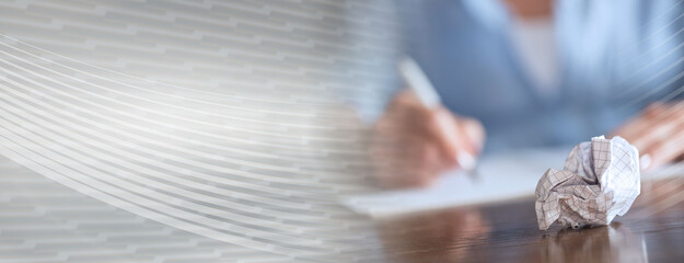 Concept of writer without inspiration, focus on foreground; panoramic banner