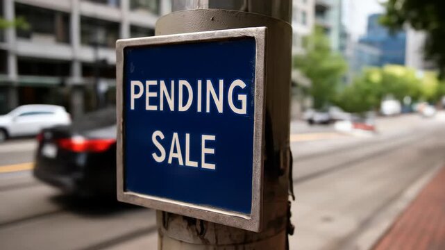 A blue sign affixed to a pole boldly proclaims PENDING SALE indicating a transaction is in progress outside on a city street