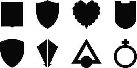 Set of minimalist shield silhouettes, heraldic crest shapes, and geometric symbolic icons for logo design and branding.