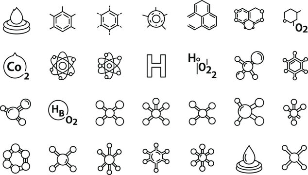 Chemistry molecule and atomic structure icon set with scientific symbols, formulas and laboratory elements in minimal line vector style